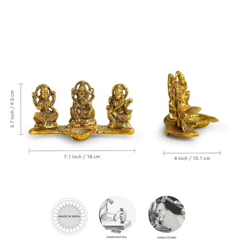 Exclusivelane Laxmi Ganesh & Saraswati Idol Showpiece Figurine With Diya (3.7 Inch, Metal) | Handcrafted For Home Dcor And Poo